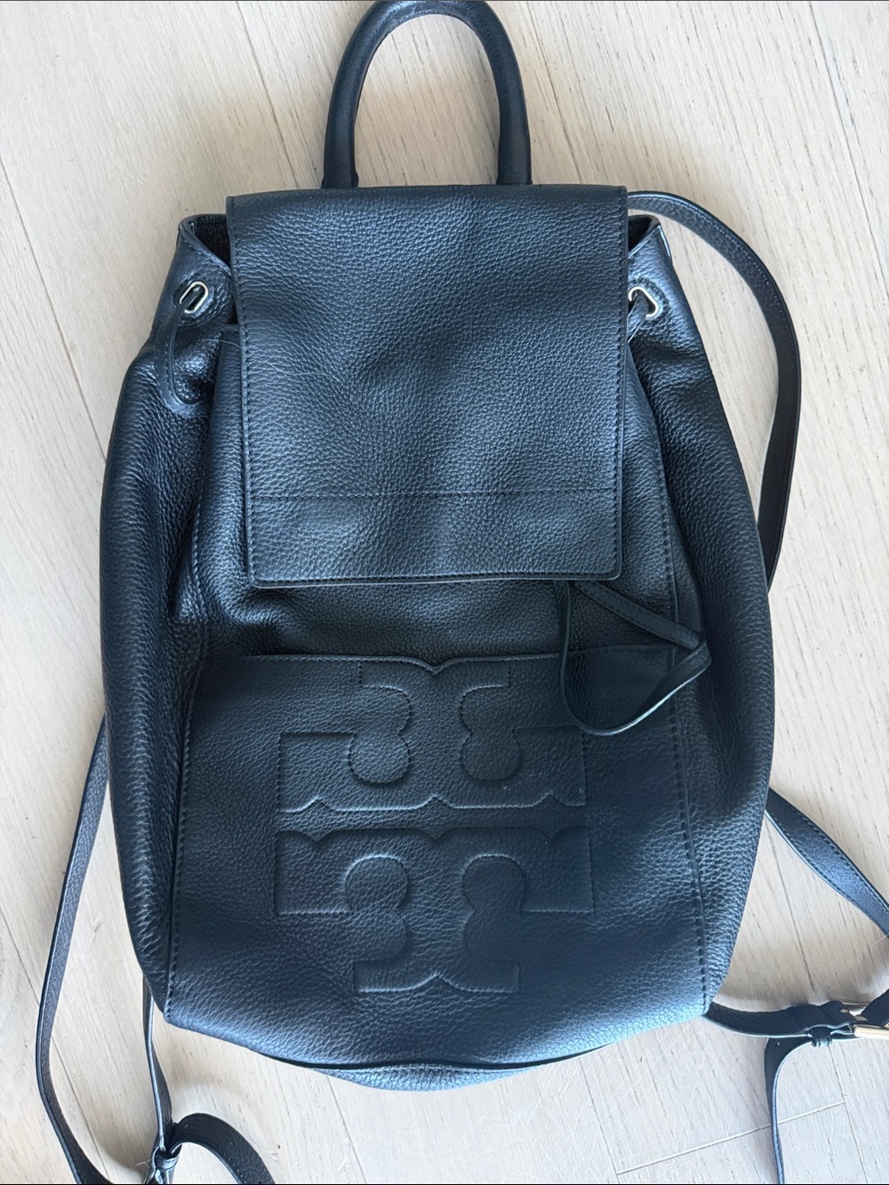 Tory Burch Black Leather Embossed Logo Backpack